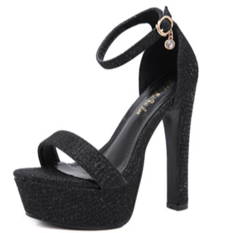 Модные туфли на платформе 14 см с высоким каблуком, женские туфли-лодочки с пряжкой на щиколотке, босоножки с открытым носком и блестками, летние модельные туфли, офисная женская обувь