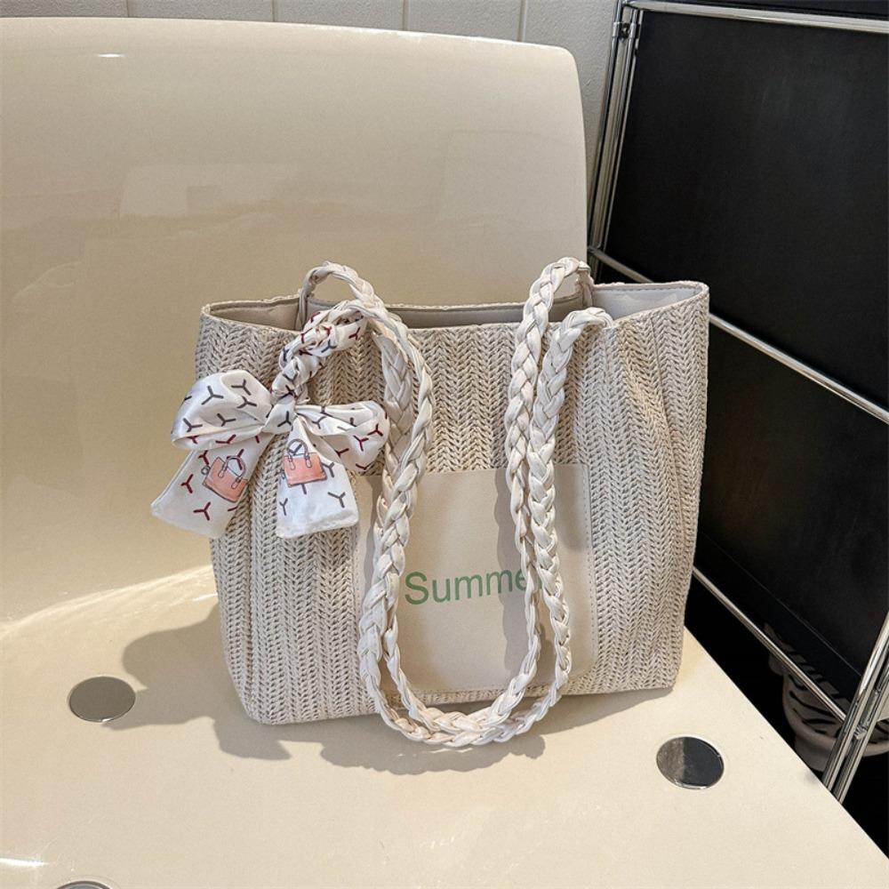 Ribbon Beach Shoulder Bag Balletcore Women Handbag Portable Straw Woven Tote Bag  Travel
