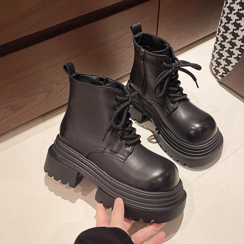 British Style Versatile Shoes Women Spring Autumn New Style Thick Sole Height Increasing Lace Up Round Toe Single Shoe
