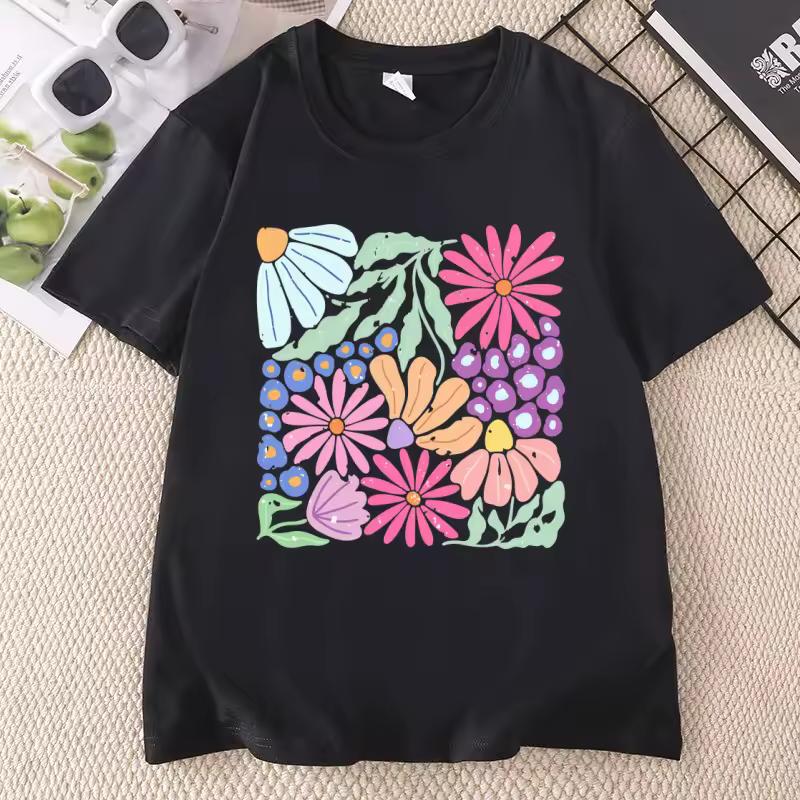 Trendy Boho Floral T-Shirt Women Flower Graphic Tshirt Cute Spring Garden Botanical Top Summer Women's Round Neck Printed
