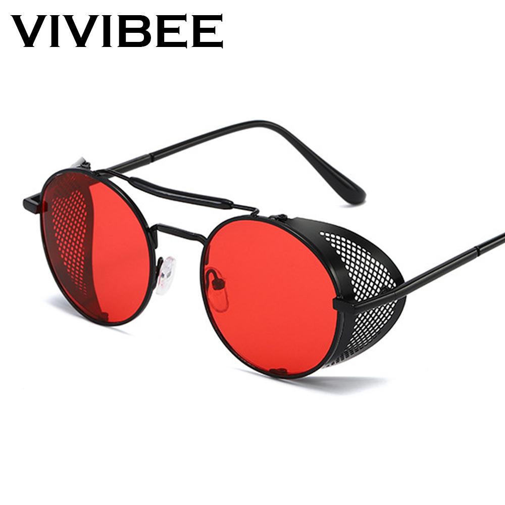 Солнцезащитные очки VIVIBEE в стиле стимпанк для мужчин 2025 года, трендовые готические круглые очки из сплава красного металла в стиле панк, солнцезащитные очки для вечеринок в стиле ретро