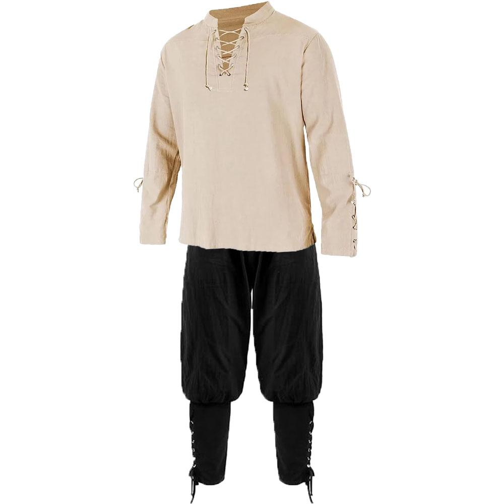 Men's Renaissance Sets Pirate Shirts and Pants Men Costume Cotton Linen V-neck Drawstring Party Dress Two Pieces