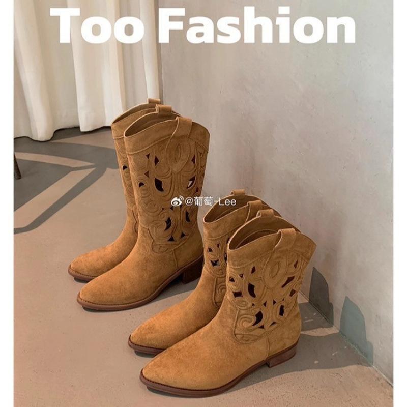 Cowhide Version~ Short Boots Women's Western Cowboy Boots Embroidered Hollow Women's Thick Heel Mouth Thick Sole Retro Knight Boots Women