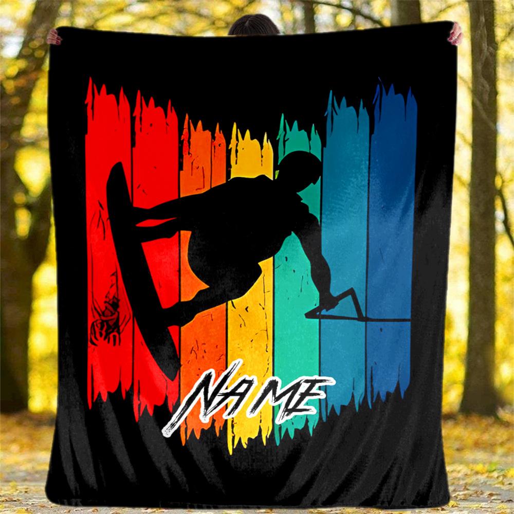 Snowboarding Adventure Rainbow Colors Design Customizable Outdoor Blanket Customize Text Comfortable Versatile For Picnics Outdoor Travel And Camping