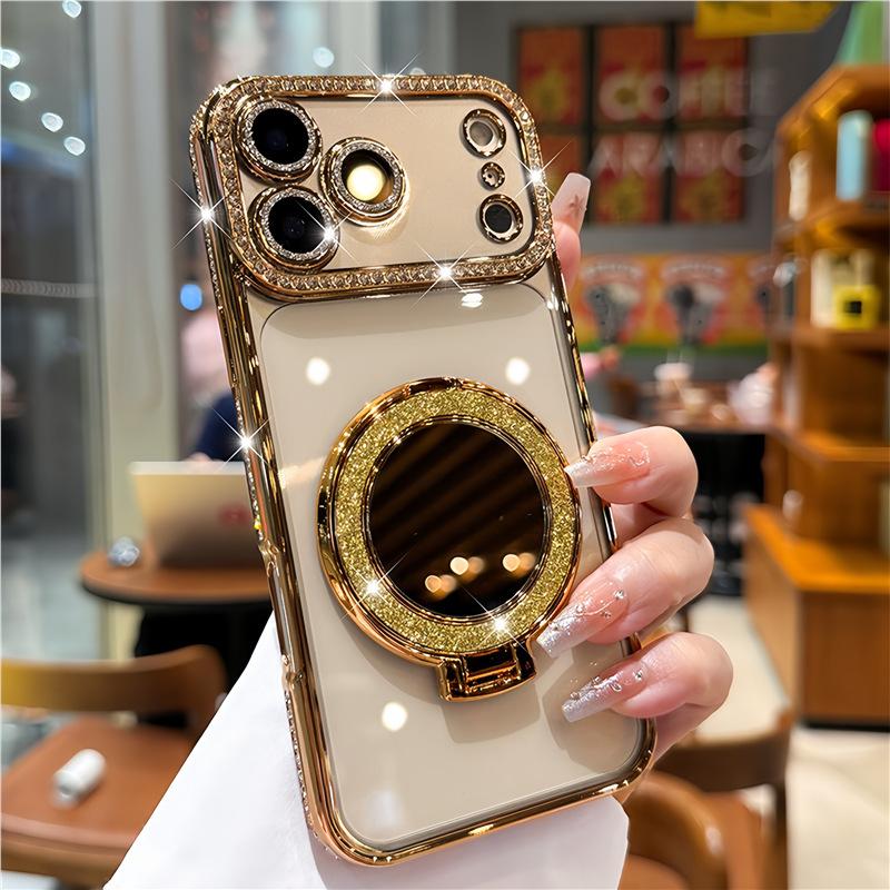 Glitter Gradient Phone Case with Rhinestone Camera Frame & Makeup Mirror Ring Holder for iPhone