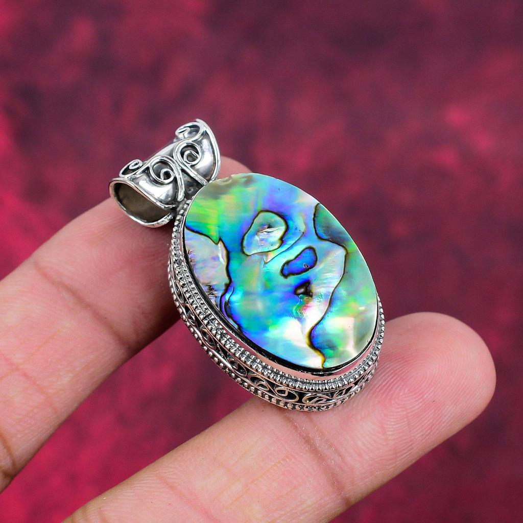 Abalone Shell 925 Solid Sterling Silver Pendant, Handmade Gemstone Jewelry Pendant, Gift For Mom