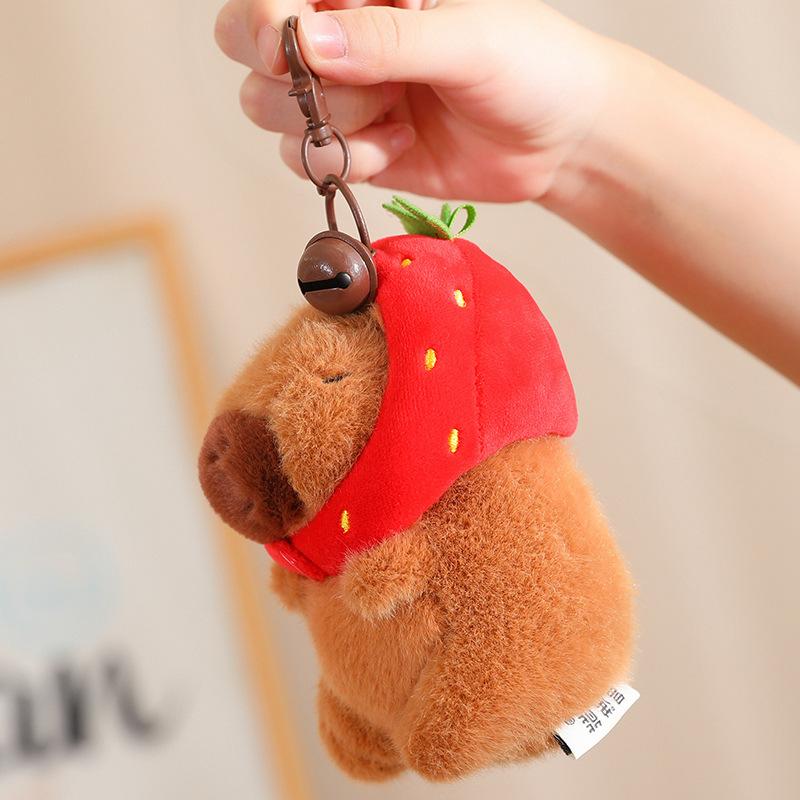 Strawberry Hat Capybara Pendant Plush Keychain Detachable Hat Realistic Soft Stuffed Animal Doll Plush Capibara Toy Kid's Gift