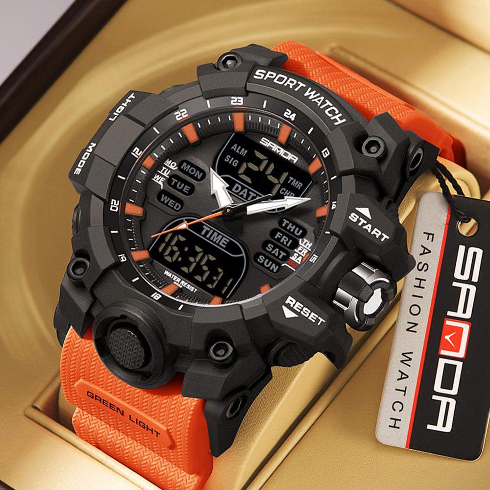 SANDA Спортивные военные мужские часы, роскошные часы с двойным дисплеем, водонепроницаемые кварцевые наручные часы 50 м для мужчин