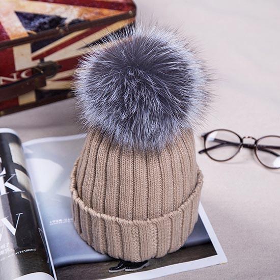 Detachable Faux Mink Silver Fox Fur Ball Cap Pom Poms Winter Hat for Women Girl 's Hat Knitted Beanies Cap