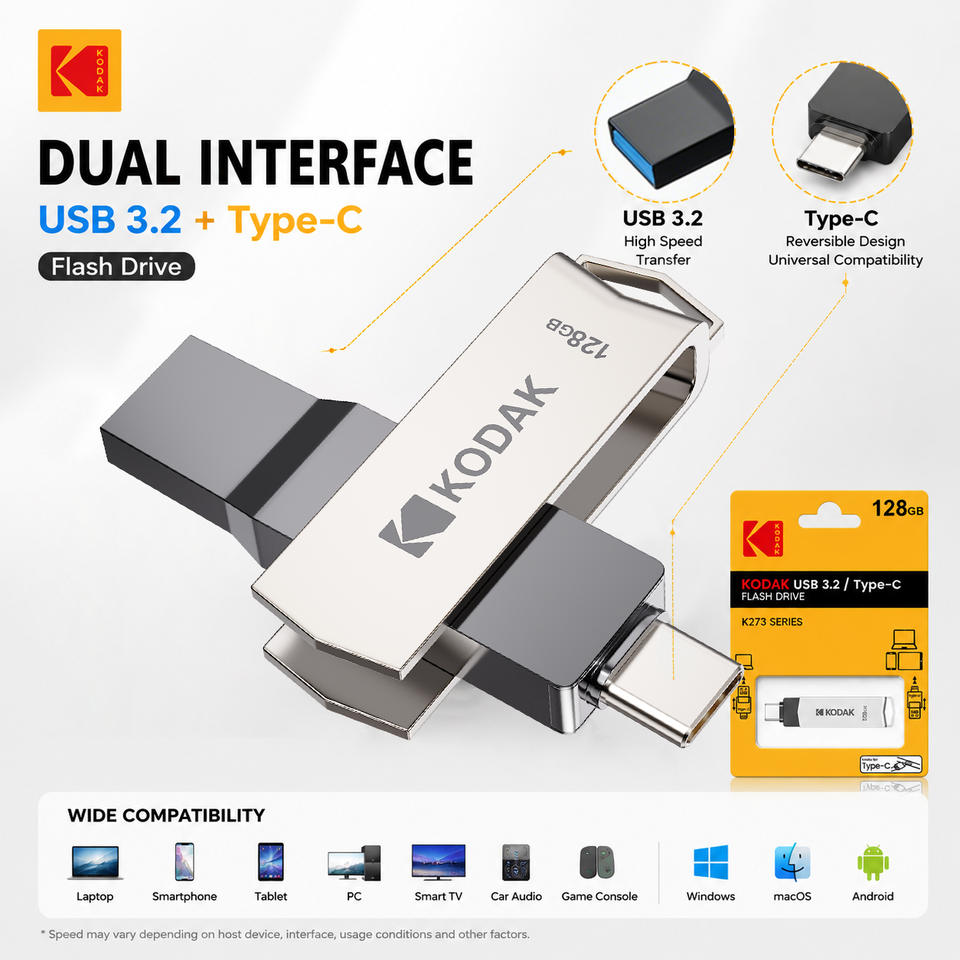 Kodak K273 Double Nip Metal USB Flash Drive USB3.2 Type-c32GB 64GB 128GB 256GB High Speed Pen Drive OTG Dual Type-A and Type-C for iPhone with Android