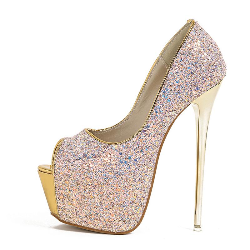 Sexy Peep Toe Extreme High Heels Party Nightclub Stripper Pole Dance Shoes Fashion Sequined Cloth Platform Pumps Women