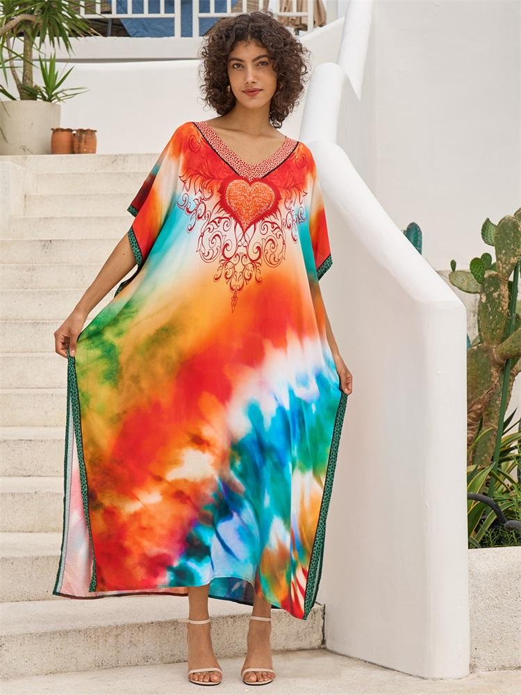 EDOLYNSA 2024 Boho Colorful Printed Batwing Sleeve V-neck Beach Dress Women Summer Swimwear Coverup Cozy Plus Size Kaftan Homewear Q1674