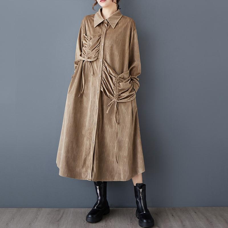Длинный рукав Плюс размер Вельвет винтажный новый в платьях для женщин повседневный свободный весна осень платье-рубашка