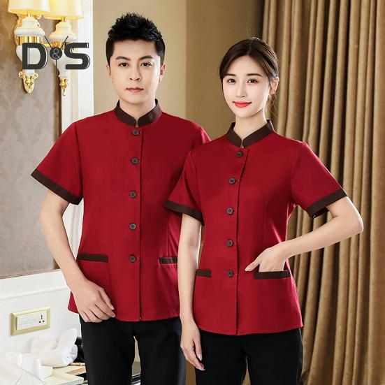 Униформа для ведения домашнего хозяйства в отеле, женская облегающая верхняя одежда с воротником-стойкой и короткими рукавами, однобортные карманы, рабочая униформа, топы