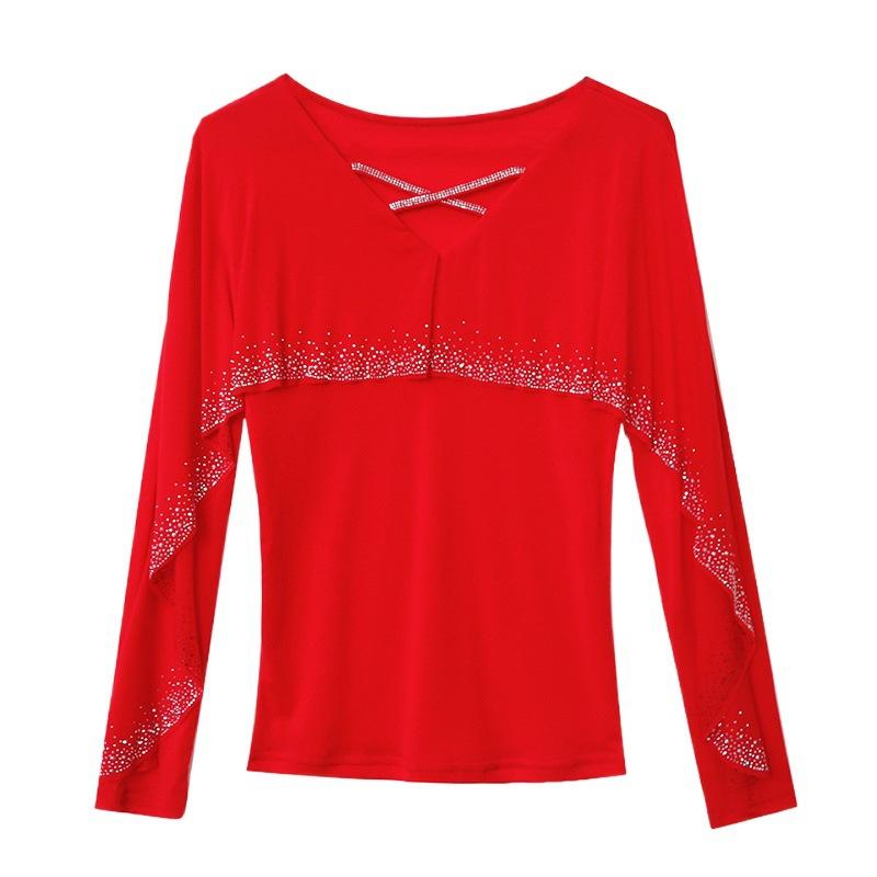 New Winter Mesh Heavy Industry Feels Ruffled Diamond Versatile Long-sleeved Women's T-shirt Base Shirt Top