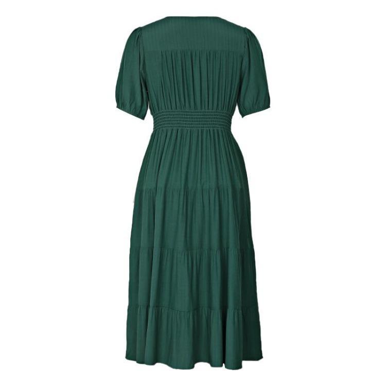 Летнее женское длинное платье с V-образным вырезом, короткими рукавами, однотонное, с оборками, на одной пуговице