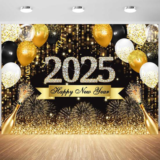 2025 С Новым годом Фон Блестящий Новогодний Подвесной Баннер Черный И Золотой Фото Фон для Домашнего Офиса Вечеринка Декор