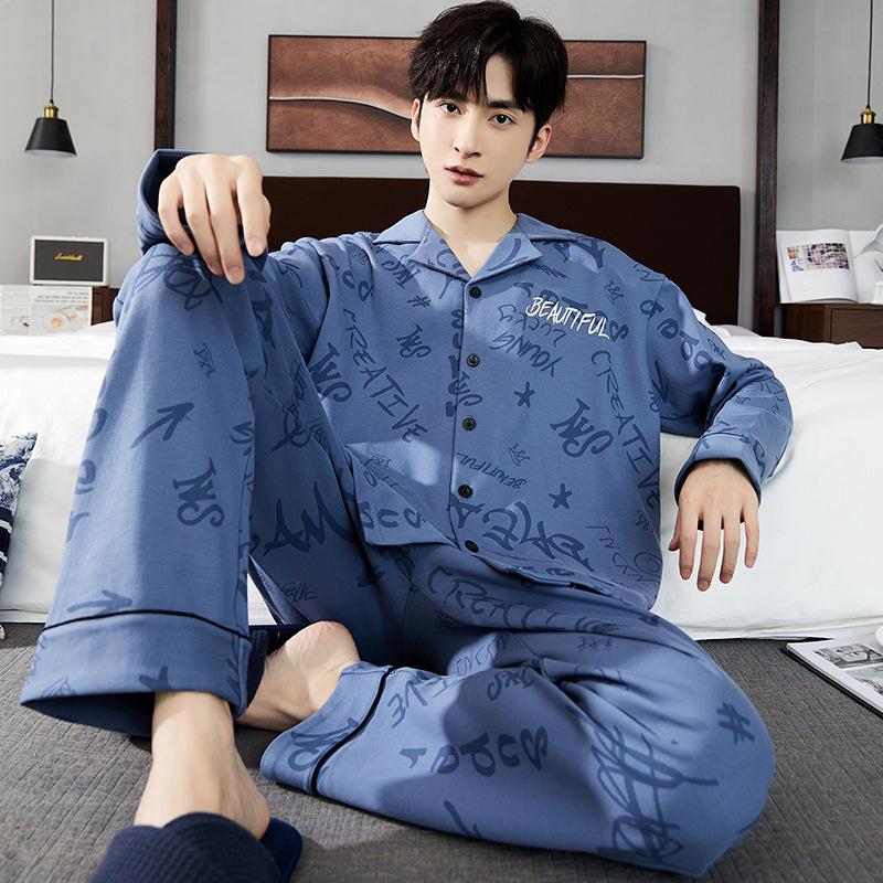 Хлопковая мужская пижама весна-осень с длинными рукавами ночная рубашка новый кардиган в клетку домашняя одежда для сна одежда для отдыха
