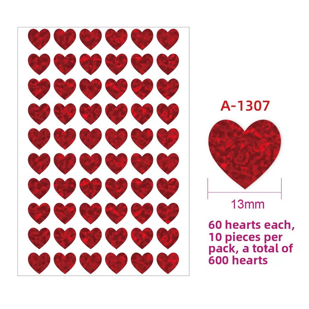 600pcs/10 Sheets Laser Hearts Love Stickers Glitter Adhesive Heart Sticker Labels For Student Planner Scrapbook