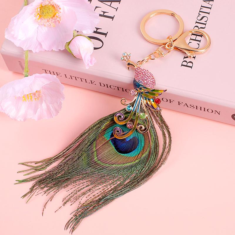 1 шт. брелок для ключей с павлином, изящный, предотвращает потерю, универсальная подвесная сумка, модная подвеска, украшение для автомобильного ключа, стразы, ювелирные изделия из перьев