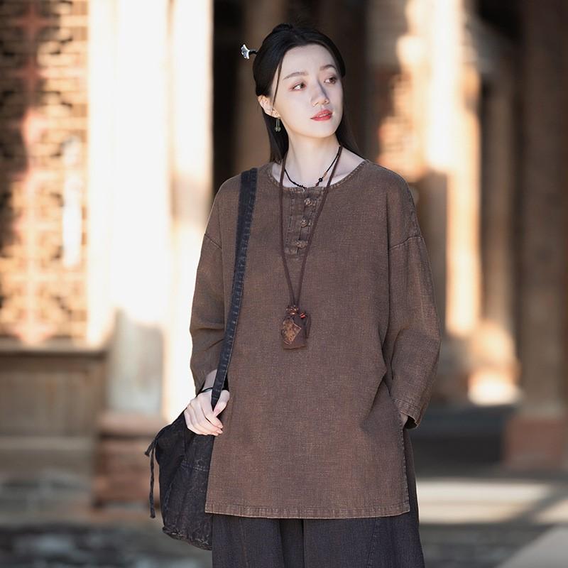 Johnature Женские винтажные футболки в китайском стиле с круглым вырезом и семью рукавами, однотонные свободные футболки с весенними пуговицами