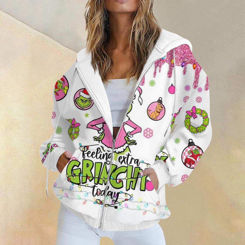 Women's Fashion Casual Christmas Print Long Sleeve Sweatshirt Pocket Jacket Zipper Hoodie Coat