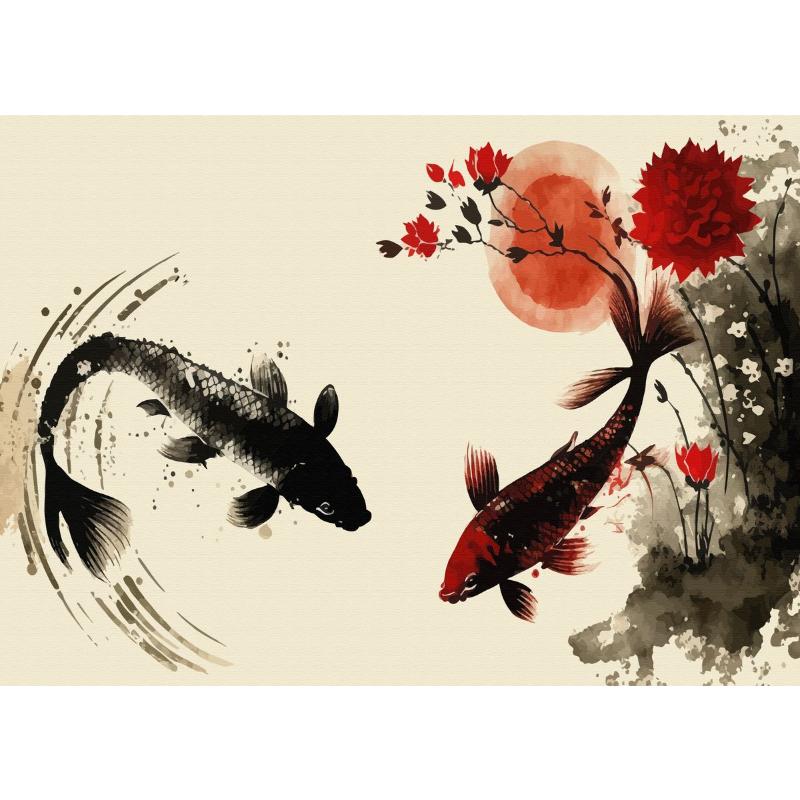 Китайский пейзаж Пара Птицы Лес Гора Река Кои Карп Рыба Искусство Плакат Печать Картина на холсте Настенная картина Декор для дома