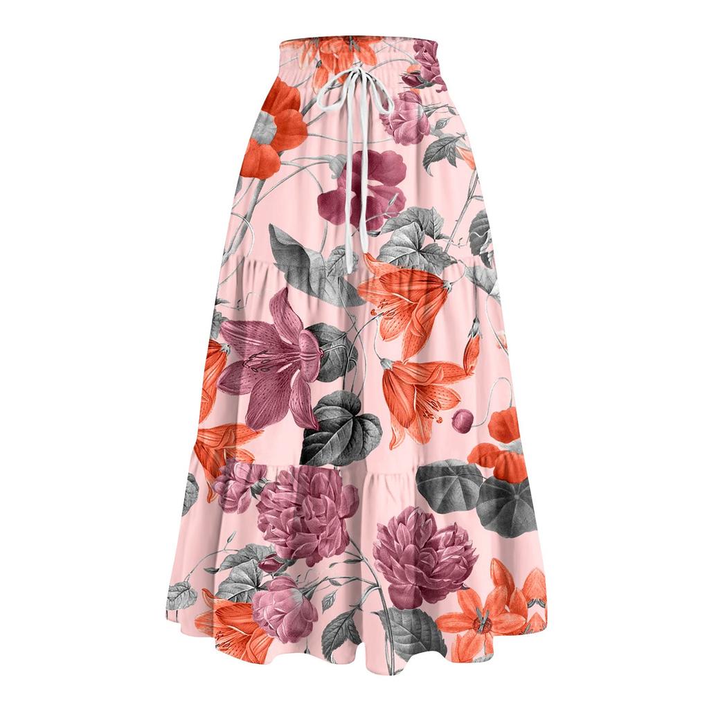 Women's Ruffled Spring Casual Long Skirt Plain Color Skirt Retro Pleated Skirt