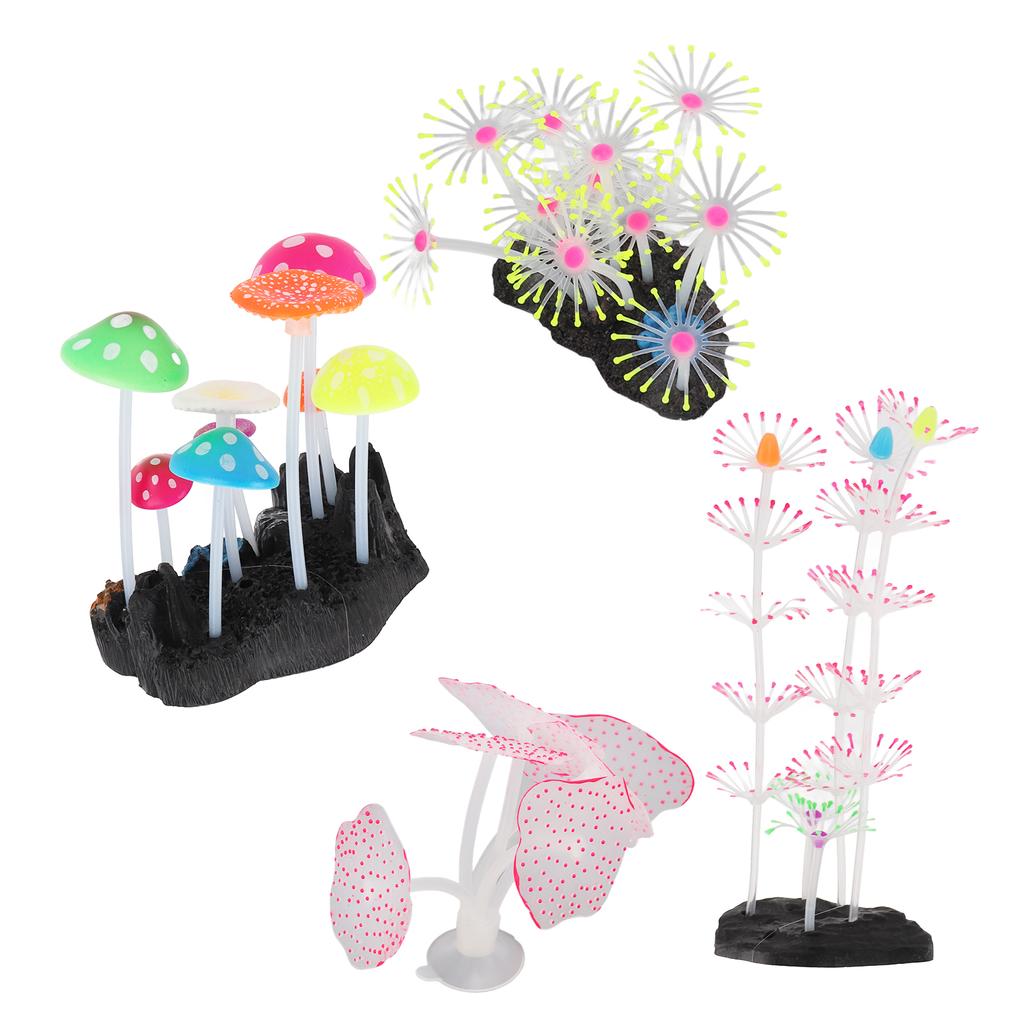 5Pcs Aquarium Ornament Glowing Silicone Simulation Aquarium Mushroom Coral Decoration for Fish Tank