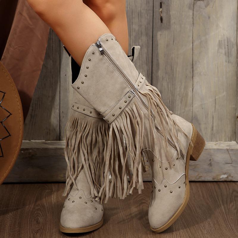 Women's Fashion Chunky Single Boots Fall New Pointed Sleeve Rivet Fringe Side Zipper Comfortable High Boots