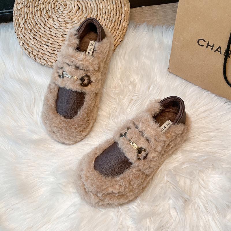 Французские туфли Мэри Джейн на пушистой подошве для женской верхней одежды 2025 зима новая бархатная теплая обувь-лоферы Doudou на одной педали из хлопка