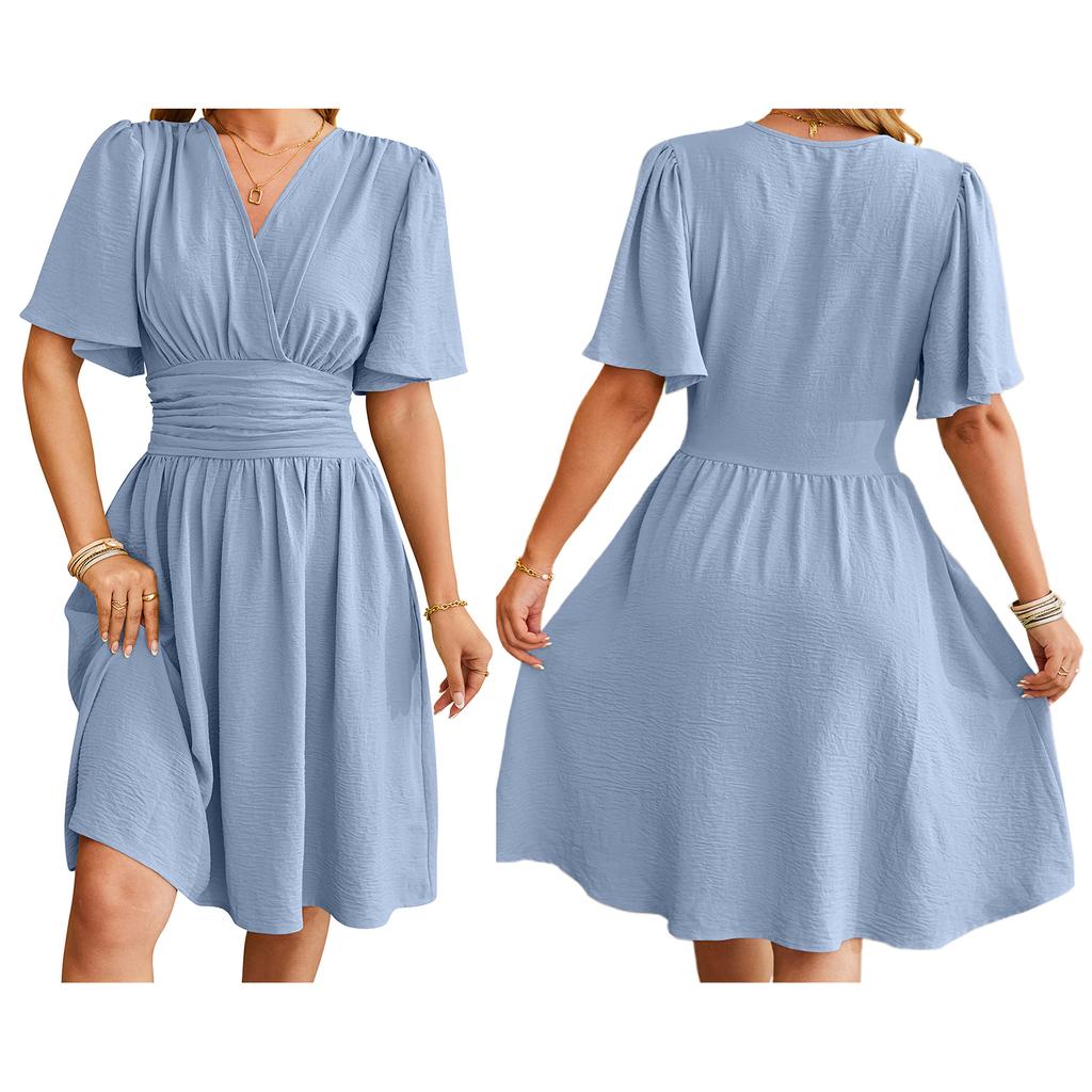 Women Midi Dress Solid Color Short Sleeve V-Neck Dress Summer Fashion Casual A-line Dress