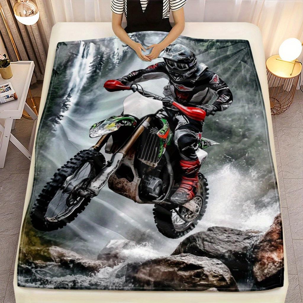 1pc Motorbike Rider in Action Blanket-Lightweight Flannel Home Furnishings Bedding Blanket Suitable for Sofas Beds Travel Camping Living Roo