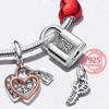 Real New Rose Gold Heart Padlock Double Charm Fit Fashion Snake Bracelet 925 Sterling Silver Charms Jewelry Girls Gift Making