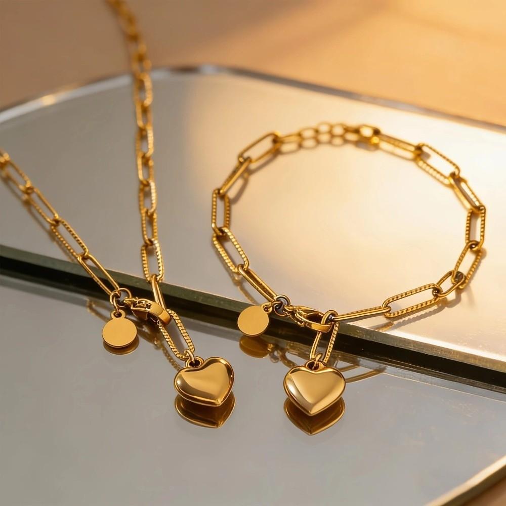 2-Piece Necklace Bracelet Set Gold Heart Pendant Necklace Set New Paperclip Chain Set For Women