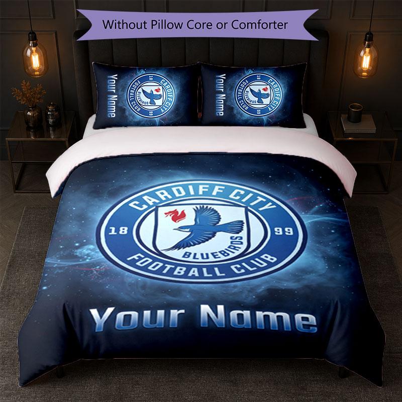Cardiff City Custom Name Text Bedding Set 1 Duvet Cover+2 Pillowcases Soccer Logo Personalized Gift For Special Occasion Bedroom Decor