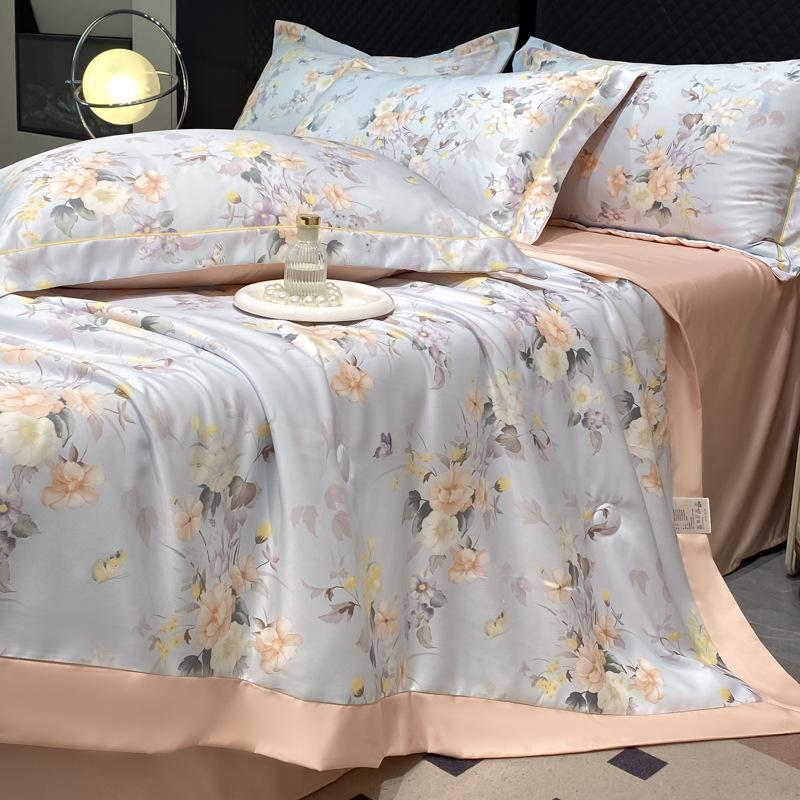 Summer Cool Tencel Quilt Set 4 Piece Includes Summer Blanket Bed Sheet Two Pillowcases Silk Lightweight Quilt For Double Twin Size