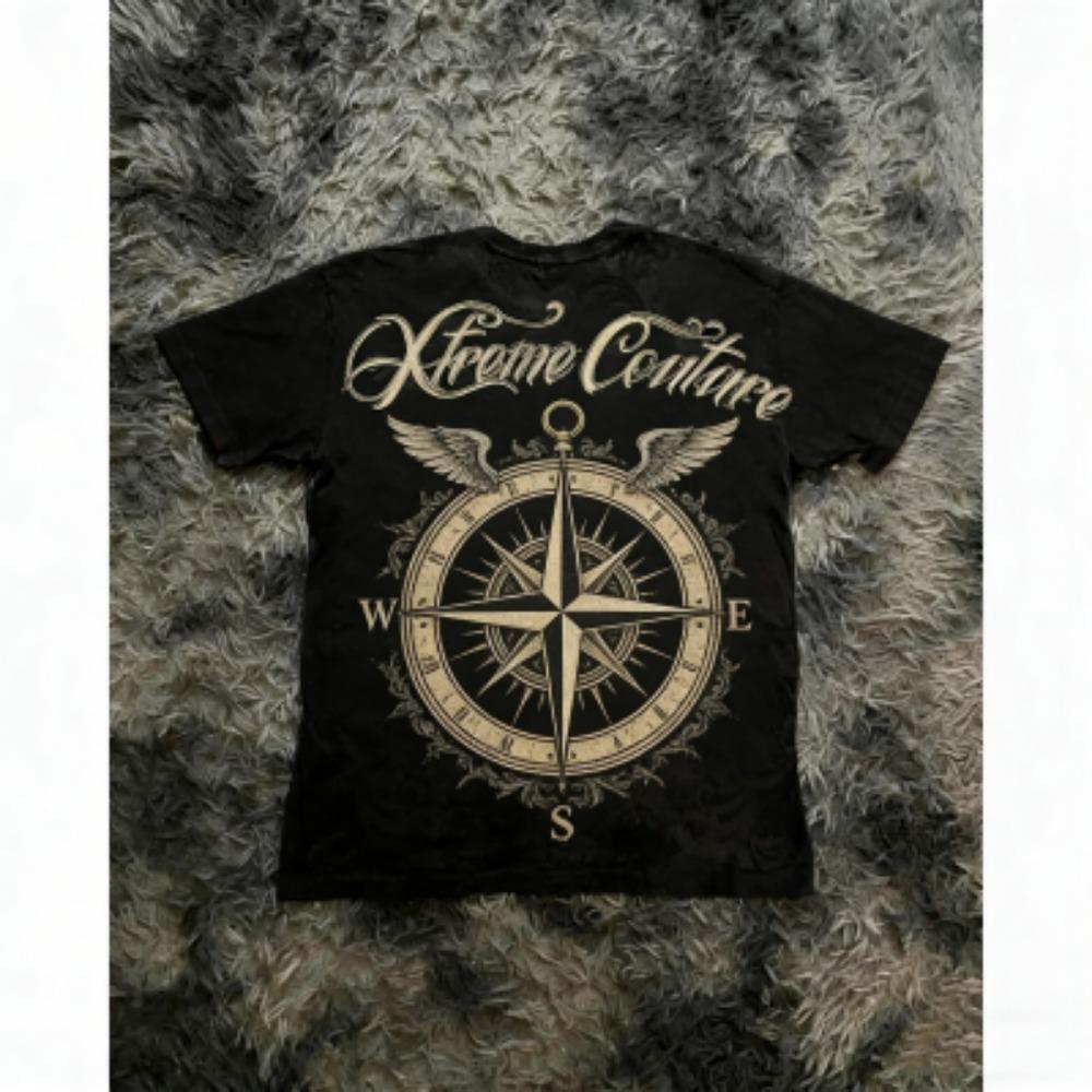 Summer Men's T-shirt Gothic Rose Cross Wing Print Tees Round Neck T-shirt Outdoor Street Style Top Casual Women's Clothing