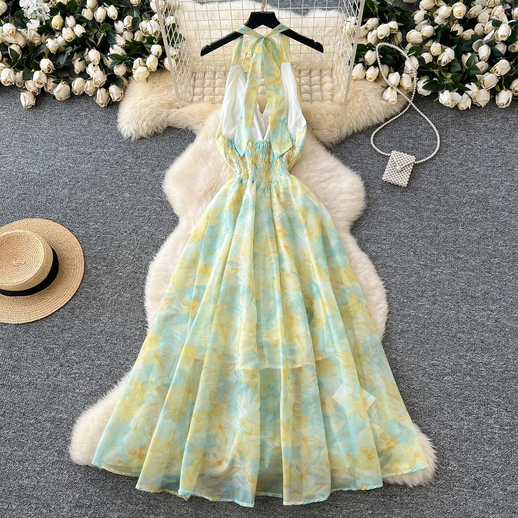 Летние женские шифоновые платья с V-образным вырезом и принтом, бретелька через шею с открытой спиной, бисер, длинные макси, праздничные пляжные платья