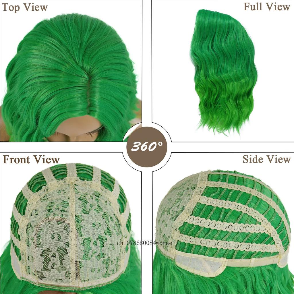 Synthetic Hair Green Wigs for Women Short Curly Wavy Wig with Side Part Bangs Heat Resistant Girls Party Halloween Cosplay Wig
