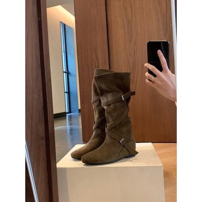 Обувь, увеличивающая рост, Женские плиссированные длинные сапоги с пряжкой, Стройнящие сапоги до середины икры, Женская обувь