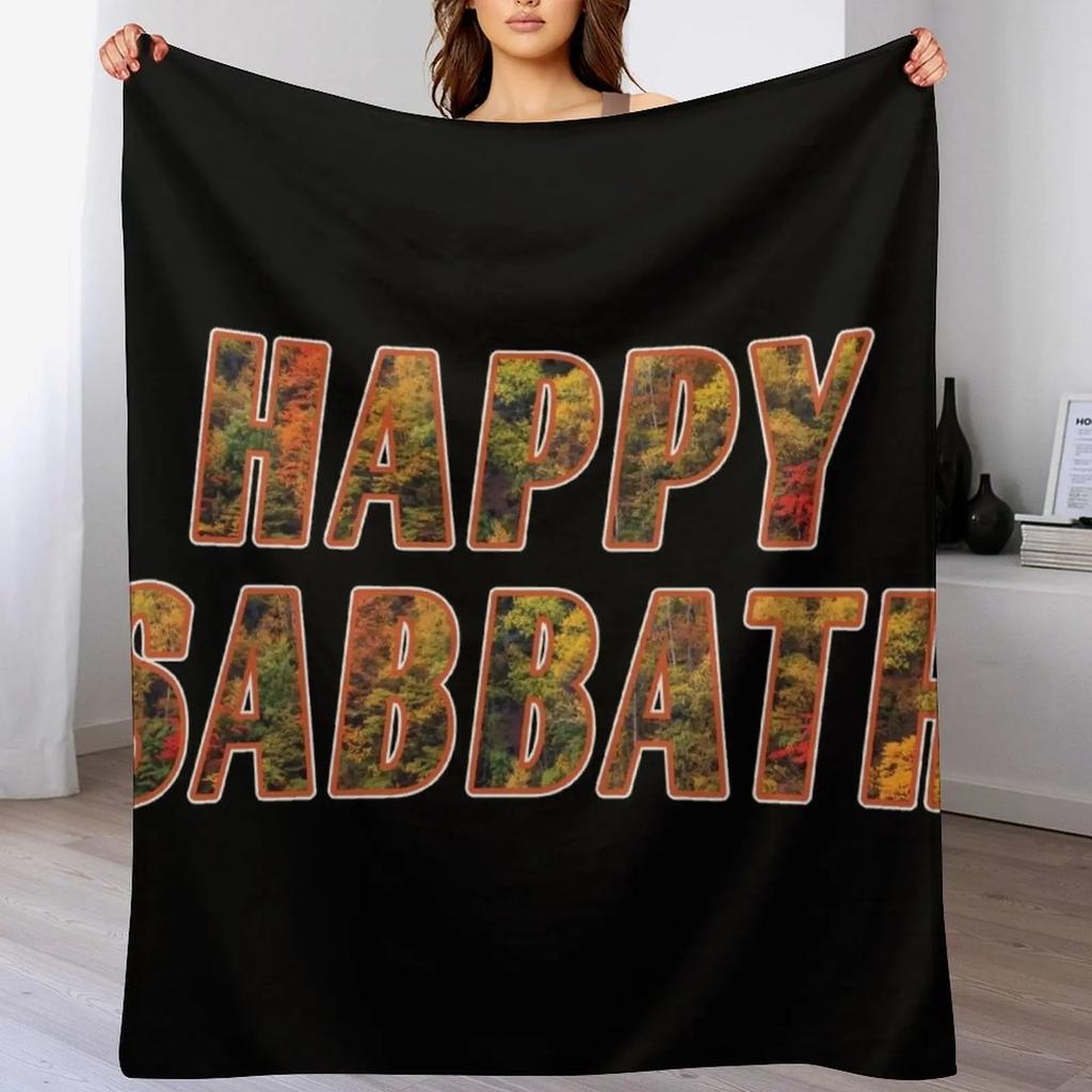 New Happy Sabbath Autumn Text Art Black Adventist Sabbath Greeting Throw Blanket Foldable Soft Warm Blanket for Outdoor Use