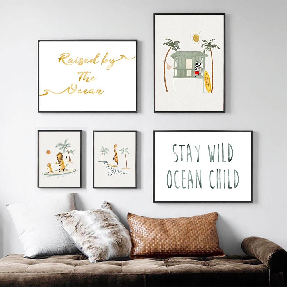 Three Surfing Animals Cute Tiger Zebra Giraffe Poster Canvas Painting Print Beach Life Wall Art Pictures for Nursery Home Decor