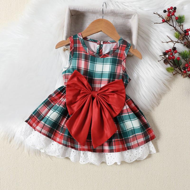 Children Plaid Dress Girl's Lace Bowknot Dress