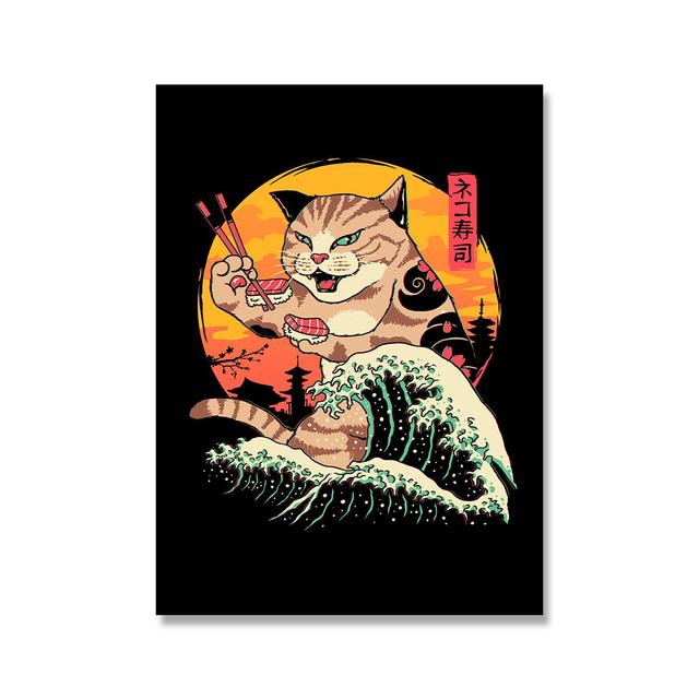 Японский самурайский кот, настенное искусство Неко Рамен, холст, картина, мультяшный постер с животными, фотографии, украшение для дома, ресторана, бара, Куадрос