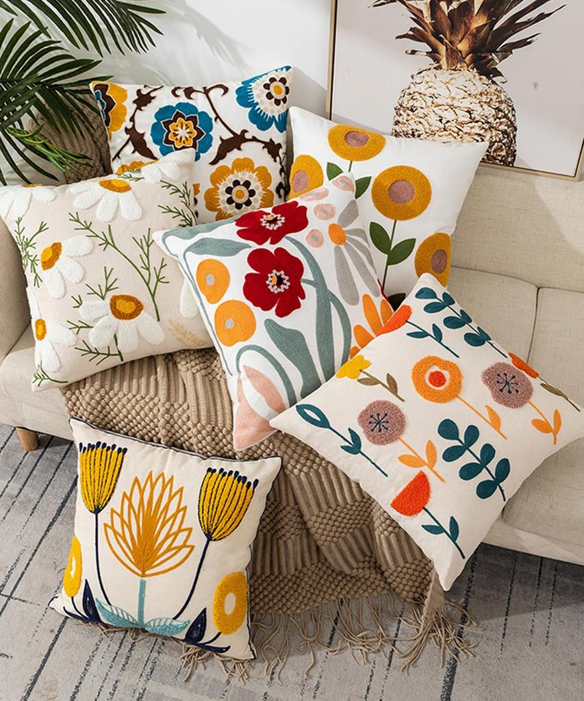Stylish Embroidered Cushion Cover for Living Room or Botanical Elegant Cushion Cover with 3D Embroidery Bedroom, Floral, Nordic, Natural, 45x45cm,