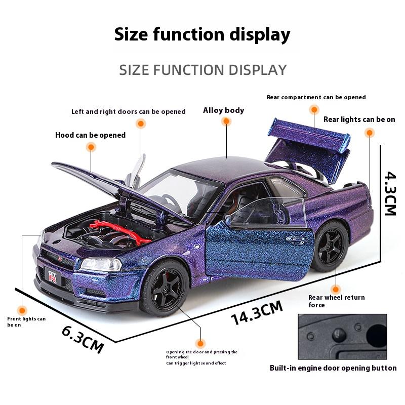 1/32 Nissan GTR R34 Skyline Суперкар Сплав Металл Литье под давлением Модель Автомобиля Звук и Свет Праздничный Подарок Парню Коллекция Хобби Украшения