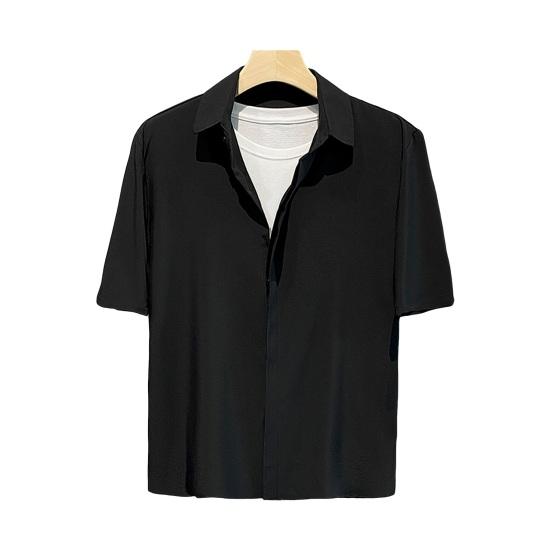 Мужская летняя рубашка с отложным воротником из ледяного шелка со скрытыми пуговицами, однобортный однобортный кардиган свободного кроя, повседневный офисный топ средней длины с короткими рукавами