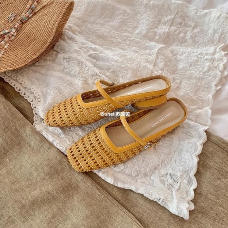 Туфли Квадратный Носок Плетеные Толстый Каблук Баотоу Мэри Джейн Тапочки Женские Полусандалии Женские