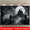 The Halloween dark castle-themed background features dead trees, crows, graves and bats, which are suitable for party decoration